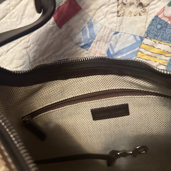 Dooney and Bourke Brown and Tan Elbow Bag with dark brown Fancy Leather Handle - Picture 4 of 6